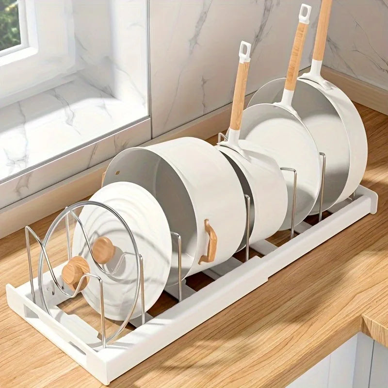 Expandable Kitchen Cabinet Pot Organizer Rack Adjustable Divider Storage Shelf for Pots Pans Cookware Organizer White