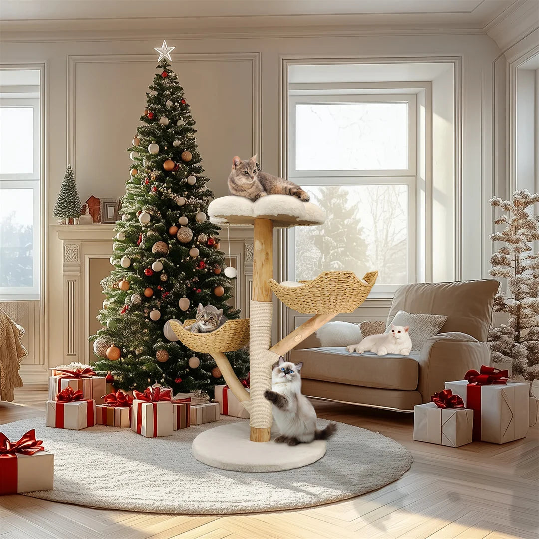 Cat Tree 110cm Solid Wood Climbing Tower with Scratching Post Activity Centre Natural Wood White 60x111cm