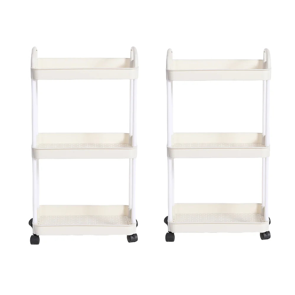 2 Pack 3 Tier Rolling Storage Cart Multi Layer Organizer Rack with Wheels Kitchen Bathroom Bedroom Shelf White 23.5 × 36 × 66cm