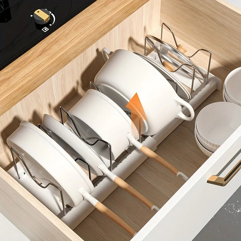 Expandable Kitchen Cabinet Pot Organizer Rack Adjustable Divider Storage Shelf for Pots Pans Cookware Organizer White