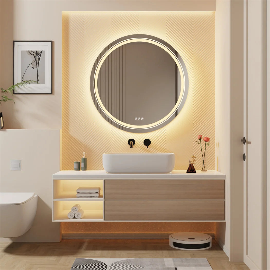 90 cm LED Bathroom Mirror Round Touch Screen Waterproof Anti Fog Vanity Mirror Wall Mounted for Wash Basin Shower Grooming
