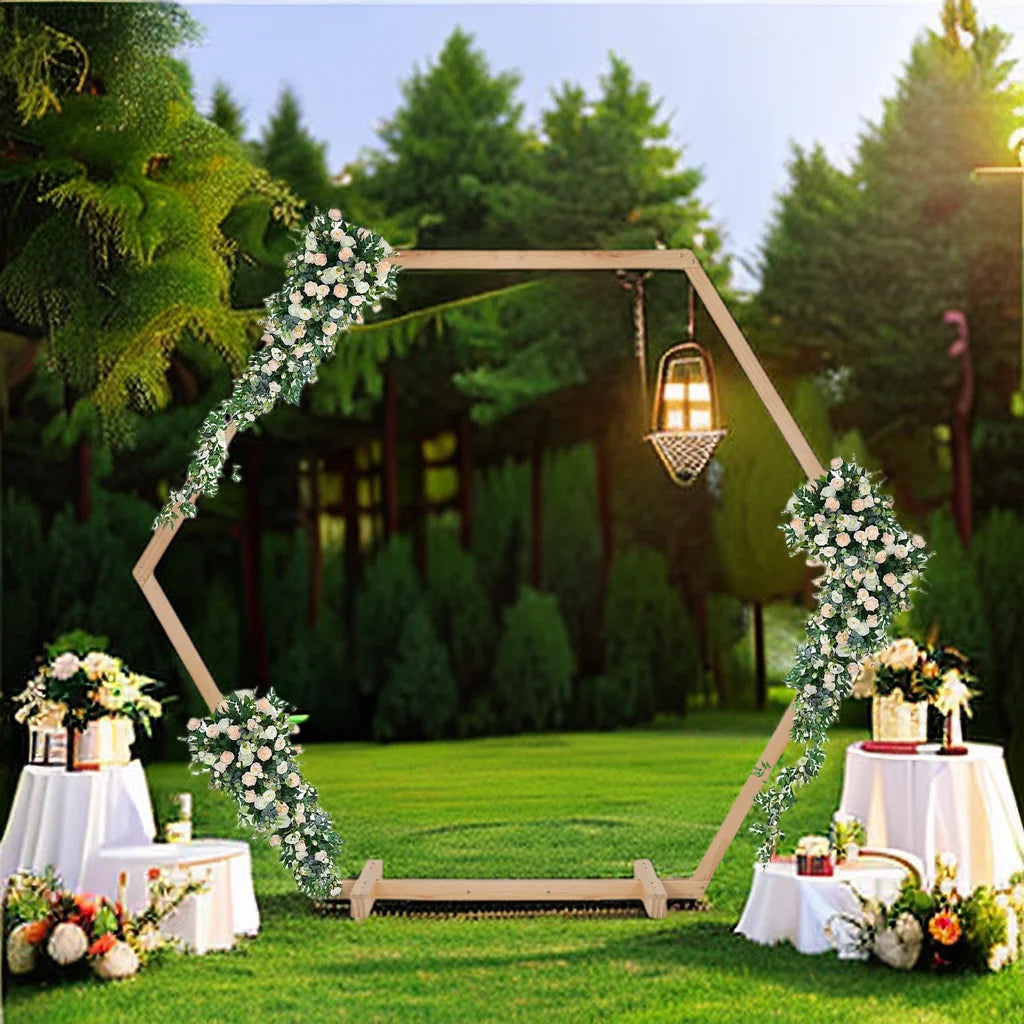 Wedding Arch Frame Hexagon Stand Natural Wood Heavy Duty Ceremony and Photo Backdrop Natural 245x210cm