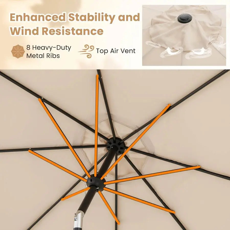 Patio Umbrella 303cm Table Umbrella Crank Lift and Push Button Tilt Wind-Resistant Double-Vented Canopy 8-Rib Frame Beige