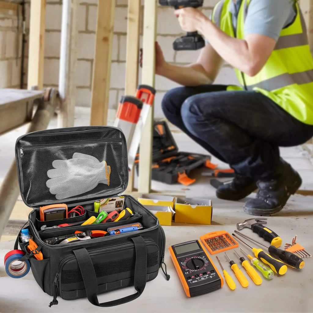Heavy Duty Tactical Tool Bag Portable Organizer Non Slip Base Handyman Carpenter Tool Storage Case Durable Black
