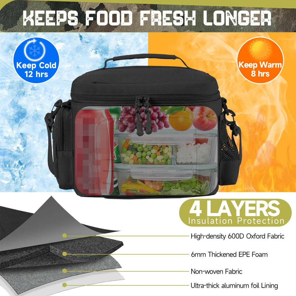 Tactical Thermal Cooler Bag Heavy Duty Insulated Lunch Box Leakproof Durable Meal Bag for Men Work Camping Picnic Black 30×20×22cm