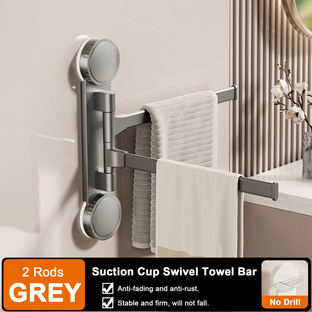 2 Tier Rotatable Suction Cup Towel Rack Aluminium Towel Holder Wall Mounted Kitchen Bathroom Hanger Grey Storage