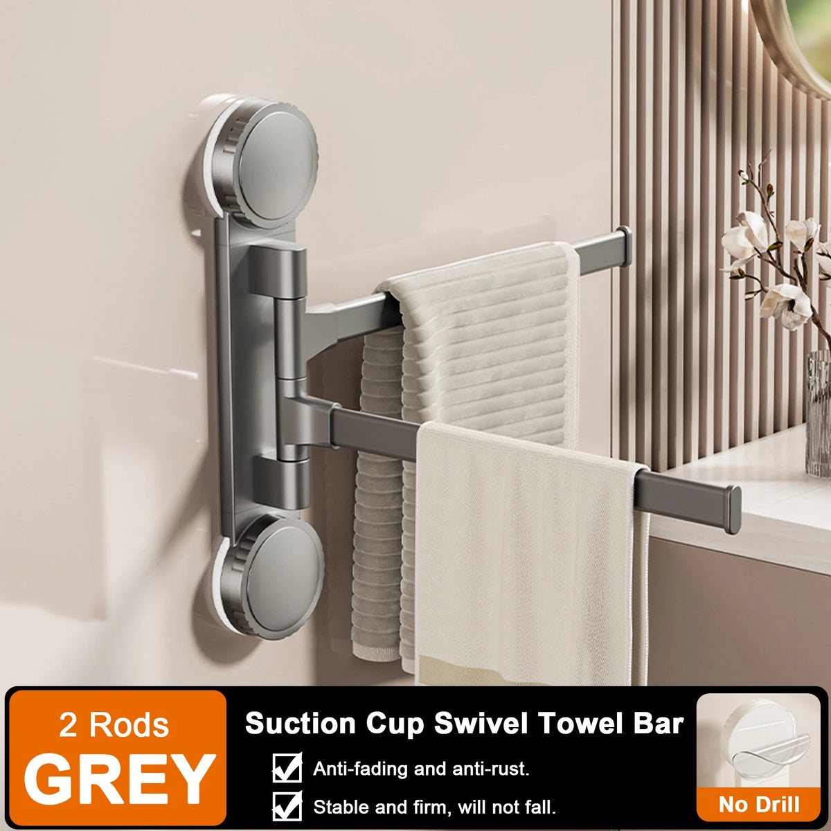 2 Tier Rotatable Suction Cup Towel Rack Aluminium Towel Holder Wall Mounted Kitchen Bathroom Hanger Grey Storage