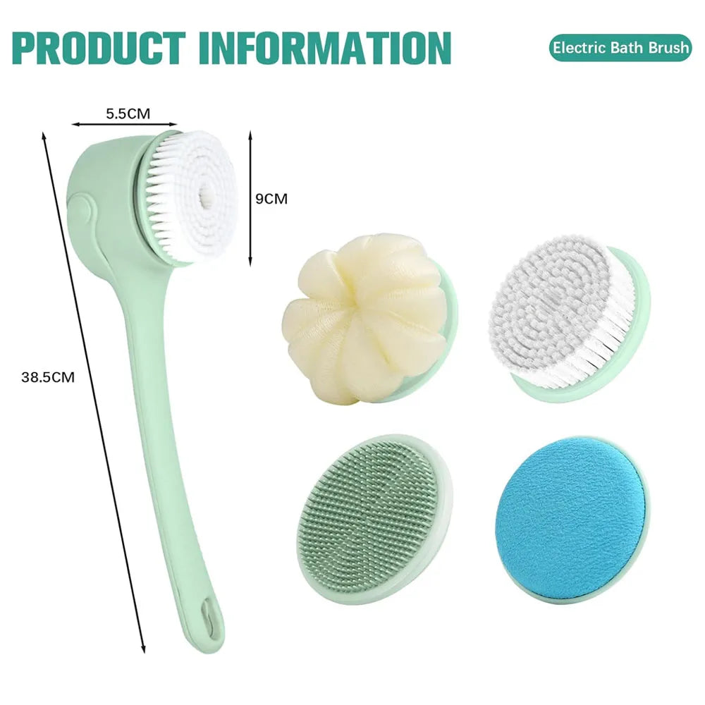 Electric Body Brush Shower Back Scrubber Type C Rechargeable Long Handle Bath Brush 4 Replaceable Heads Hook Green