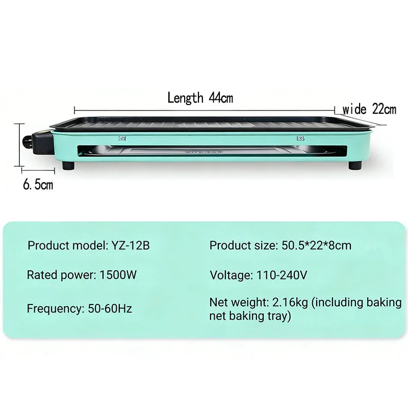 Electric Grill Non-Stick Multi-Function BBQ Grill for Meat, Seafood and Vegetables Green 44 × 22cm