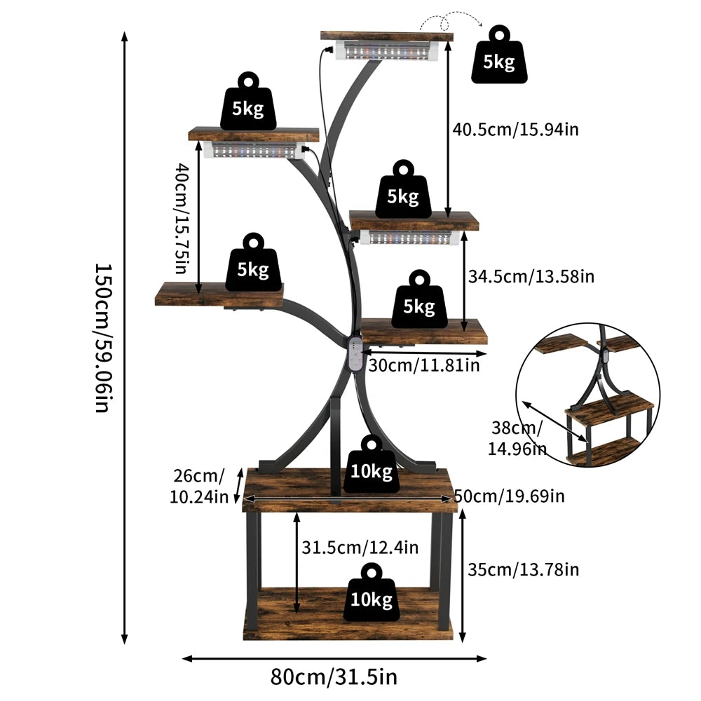 Plant Stand with LED Grow Lights 5 Tier Flower Display Rack Tall Indoor Plant Shelf Brown 80x26x150cm