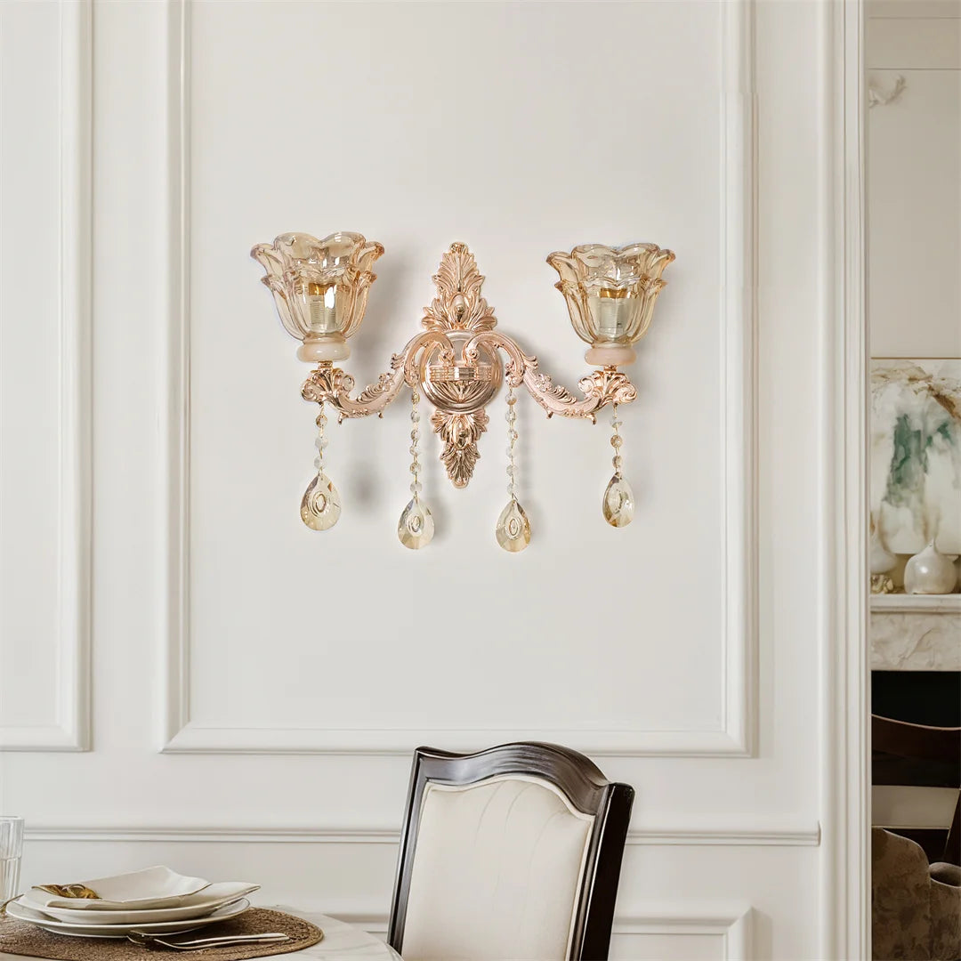 Antique Crystal Glass Wall Lamp Brass Gold Wall Sconce Light with Flower Lampshade for Entrance Bedroom Hallway Decorative Amber 52x32cm