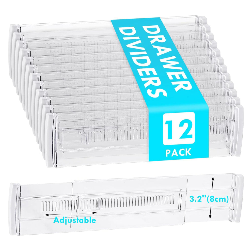 12-Pack Adjustable Drawer Organizers Clear Expandable Storage Dividers for Clothes Kitchen Utensils Dresser Organizer 28.7-50.5cm