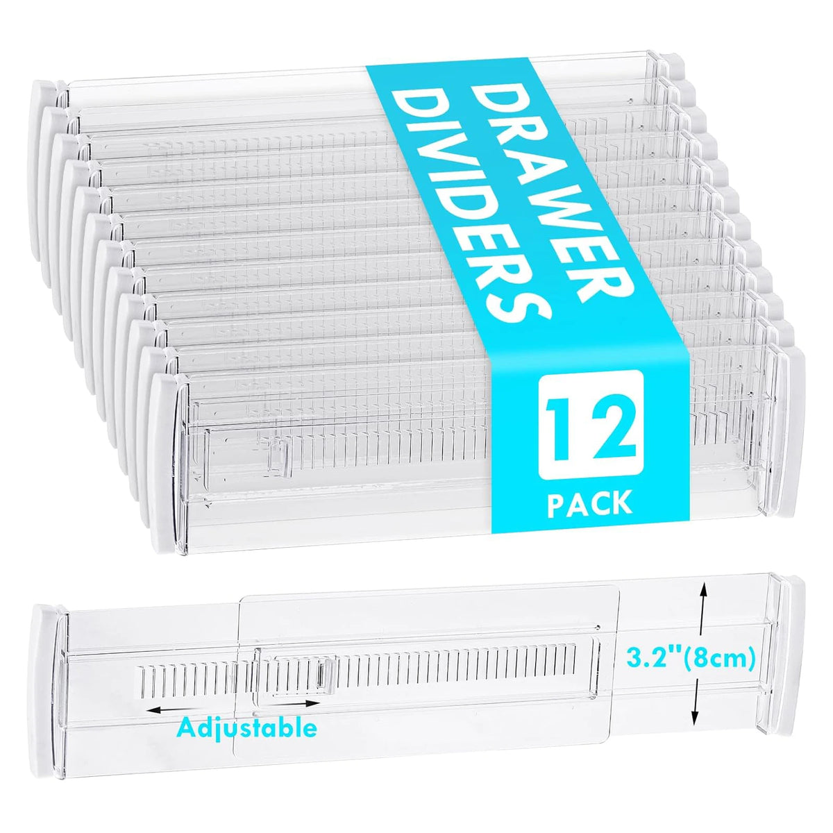 12-Pack Adjustable Drawer Organizers Clear Expandable Storage Dividers for Clothes Kitchen Utensils Dresser Organizer 28.7-50.5cm