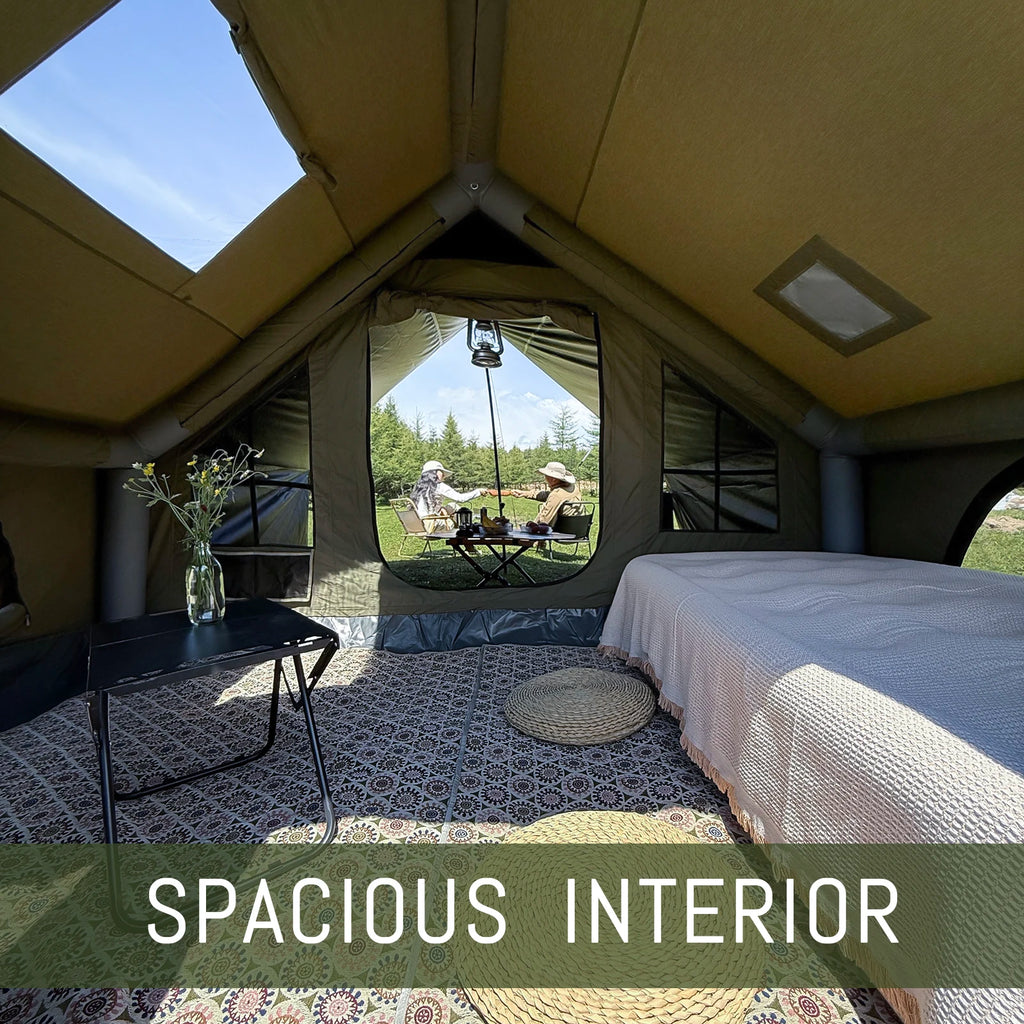 8 Person Inflatable Glamping Tent with Mesh Windows Hand Pump Large Canopy Living Room Camping Shelter Green