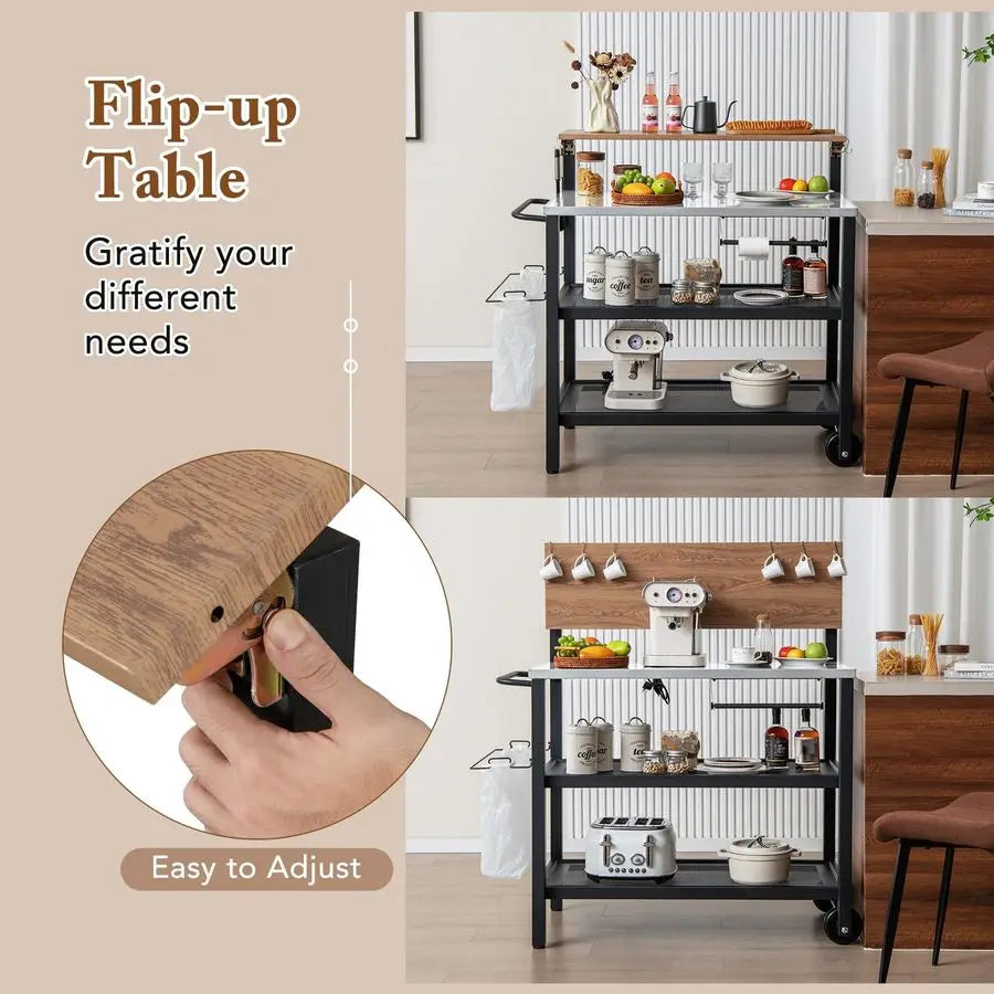 3 Tier Grill Cart Outdoor Pizza Oven Stand with Flip-Up Bar Table Cooking Station with Hooks and Trash Bag Holder Black and White 116.8x55.9x129.5cm