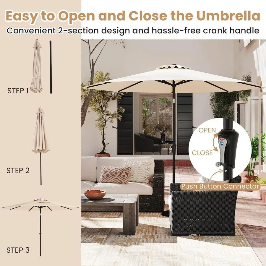 Patio Umbrella 303cm Table Umbrella Crank Lift and Push Button Tilt Wind-Resistant Double-Vented Canopy 8-Rib Frame Beige