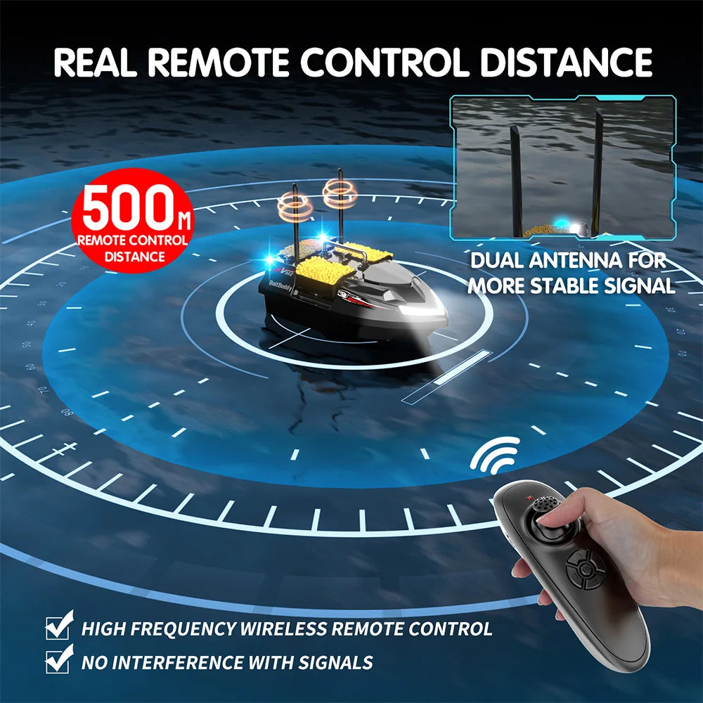 Bait Boat Remote Control Fishing Boat with 4 Independent Hoppers, 500m Range, 12000mAh Battery and LED Lights