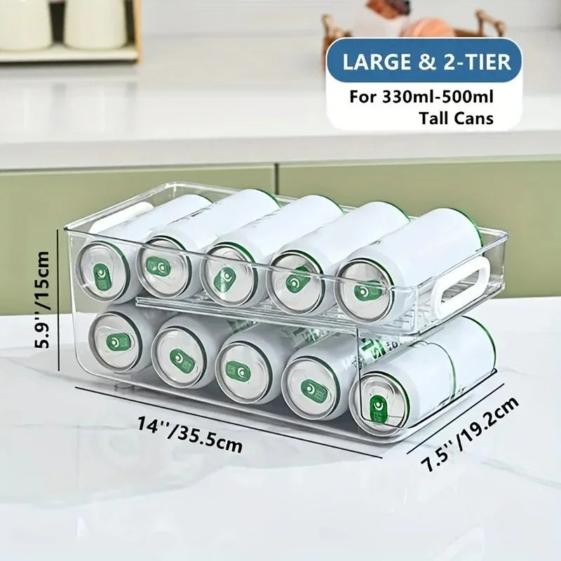 2 Tier Soda Can Dispenser Refrigerator Organizer Stackable Drink Storage Bin Clear Plastic Fridge Organizer Rack 35.5×19.2×15cm