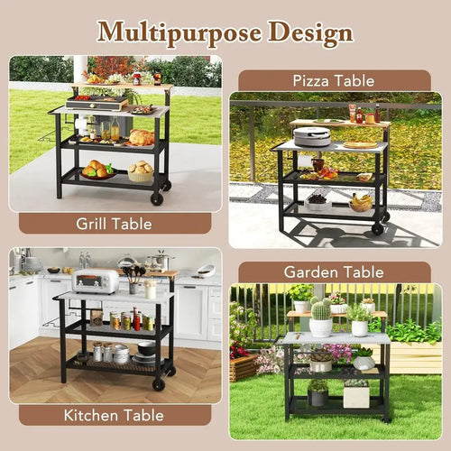 3 Tier Grill Cart Outdoor Pizza Oven Stand with Flip-Up Bar Table Cooking Station with Hooks and Trash Bag Holder Black and White 116.8x55.9x129.5cm