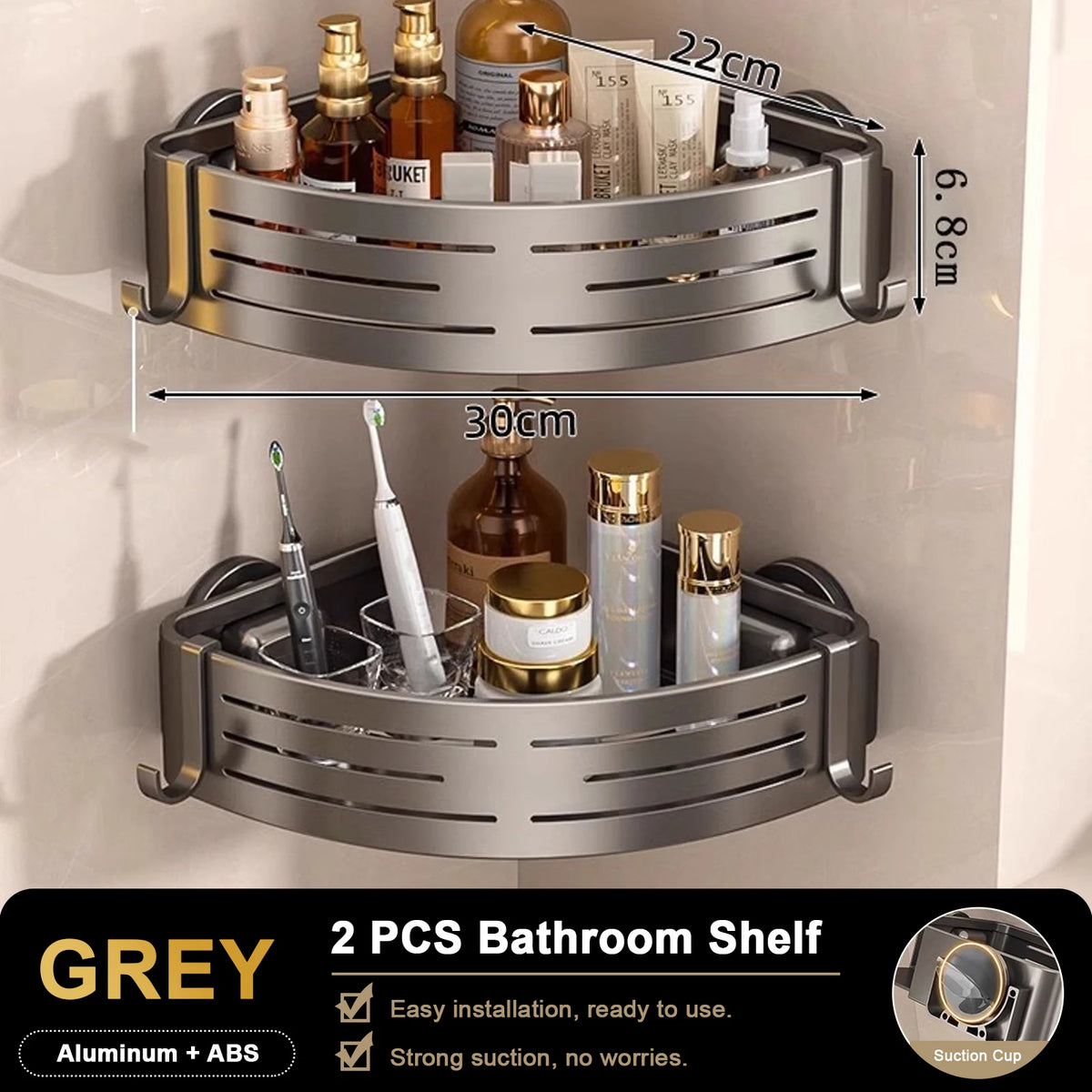 2 Pack Shower Corner Bathroom Shelf with Towel Hooks Suction Cup Wall Mounted Space Aluminium Rack Grey 30 × 22 × 6.8cm