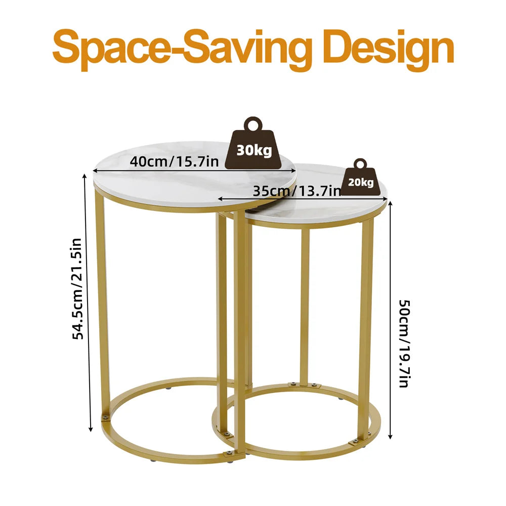 Round Nesting Coffee Tables Set of 2 Sintered Stone Top Gold White 45x55cm 40x50.5cm Living Room Tables