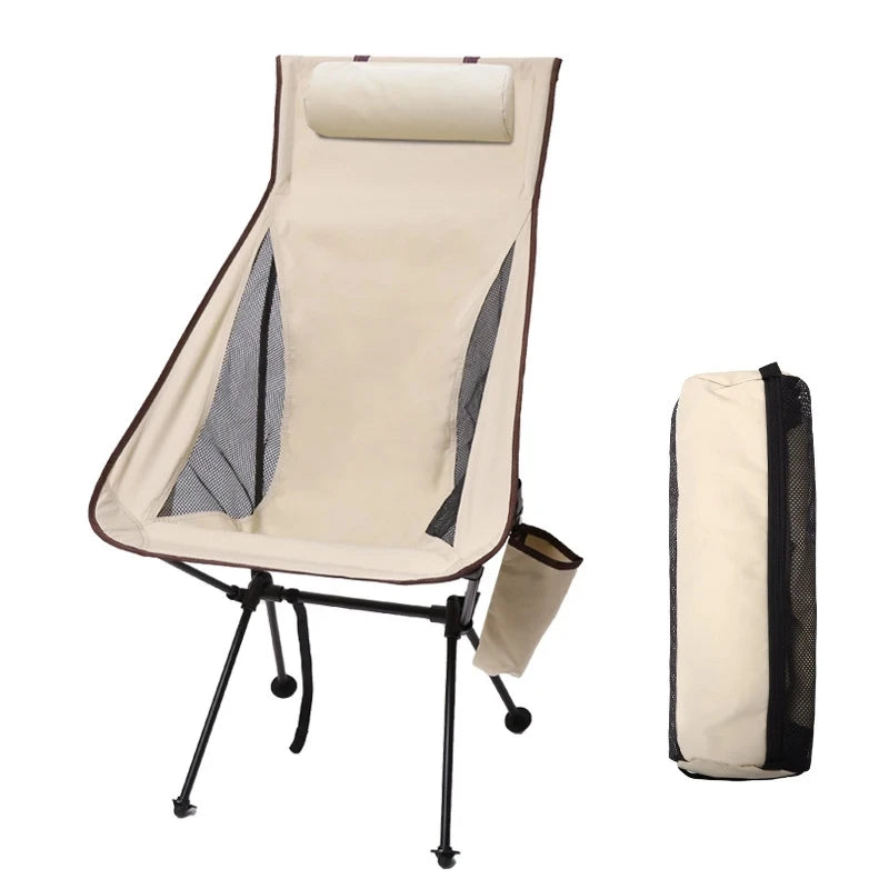 Portable Folding Camping Chair with Headrest Aluminium Alloy Fishing Chair Lightweight Outdoor Seat Beige 43 × 57 × 105cm