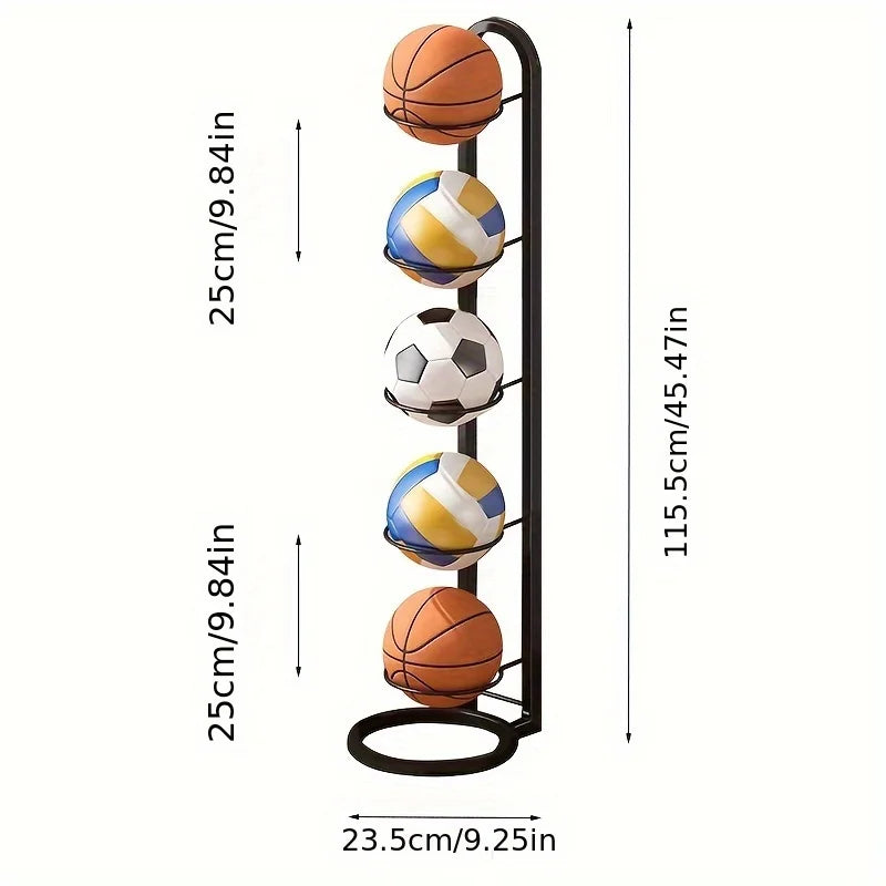1PC 5 Tier Metal Sports Ball Storage Rack Organizer Basketball Football Equipment Holder Shelf Black 115.5 × 23.5cm