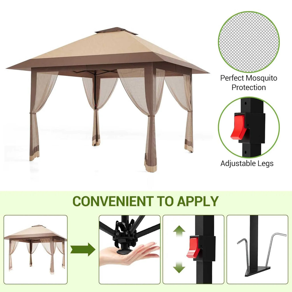 Brown Pop-Up Gazebo Pop-up beach sun shelter Outdoor Canopy Tent Marquee Waterproof 3.9x3.9M