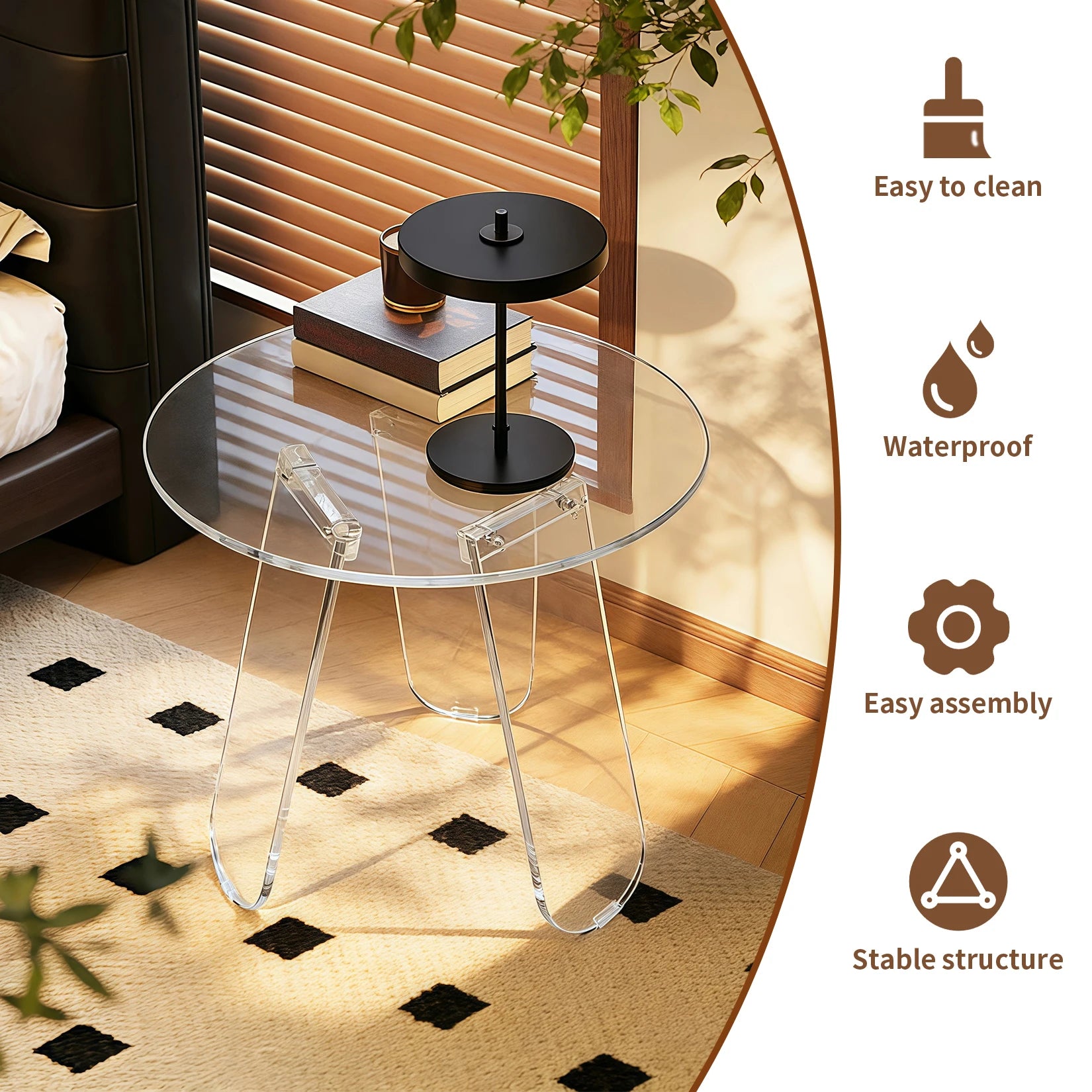 Acrylic Side Table 46x44.5cm Round Clear End Table with Triangle Legs Transparent Living Room Table
