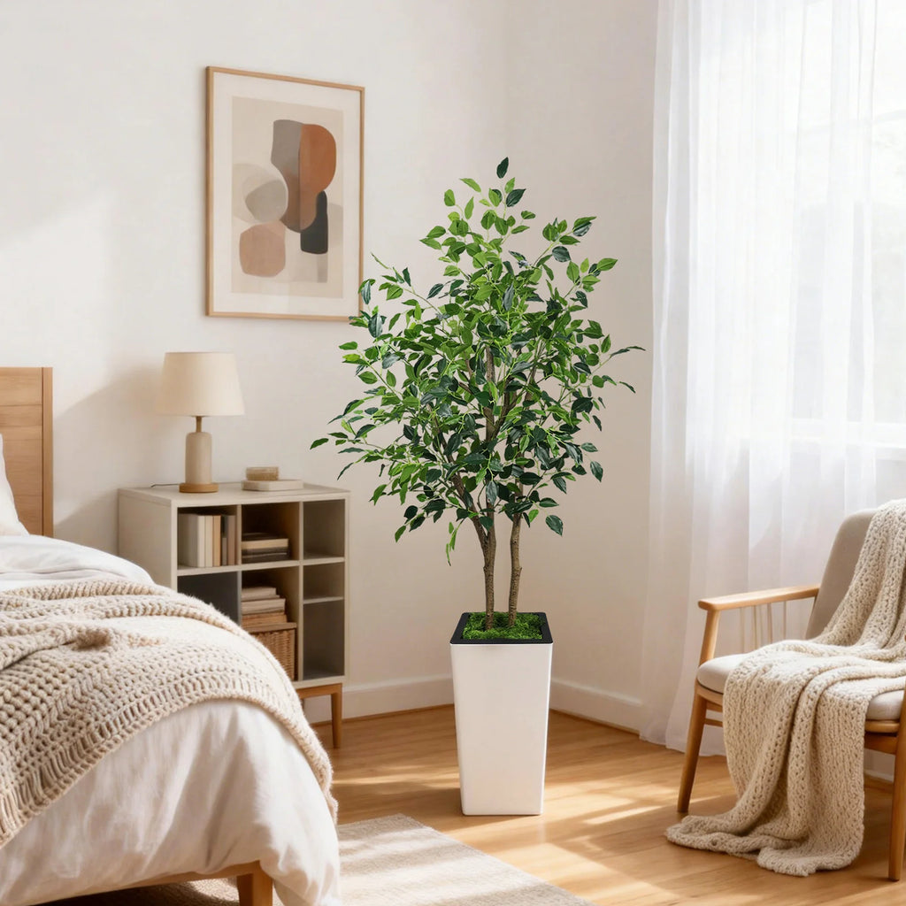 Artificial Ficus Tree 152.4cm Realistic Leaves Indoor Outdoor Plant Decor for Home Office Living Room Decoration White