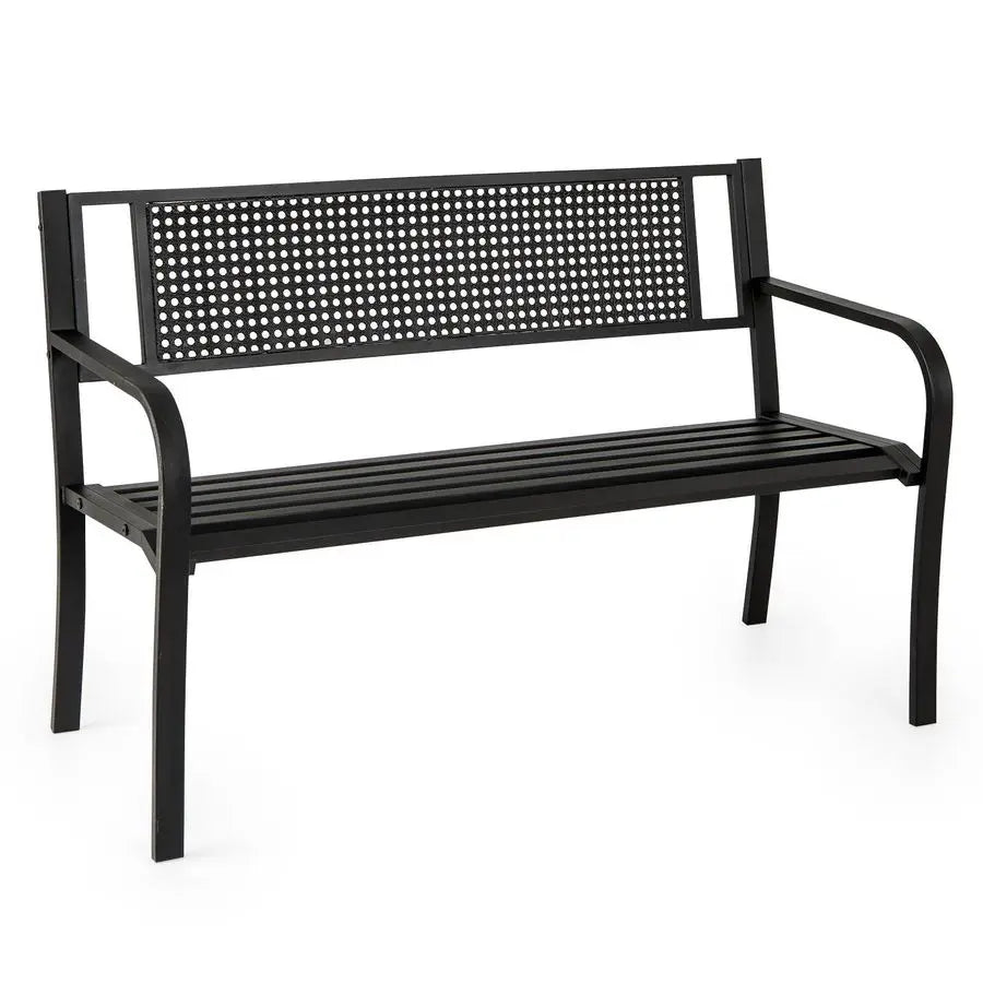 Garden Bench Outdoor Patio Bench Patterned Backrest and Curved Armrests 127cm 300kg Capacity Black