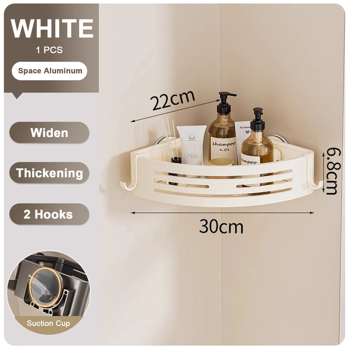 Shower Corner Bathroom Shelf with Towel Holder Hooks Suction Cup Wall Mounted Space Aluminium Rack White 30 × 22 × 6.8cm