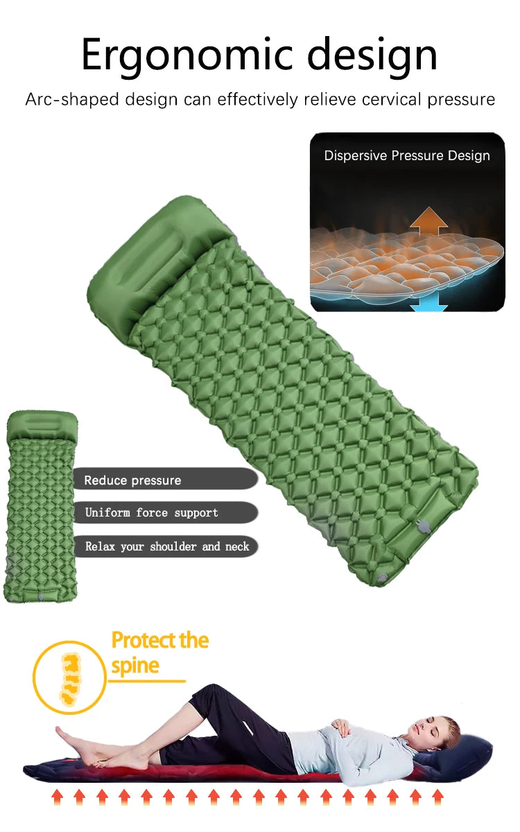 Camping Sleeping Pad Inflatable Air Mattress with Built In Foot Pump and Pillow Ultralight Hiking Mat Green 190x60cm
