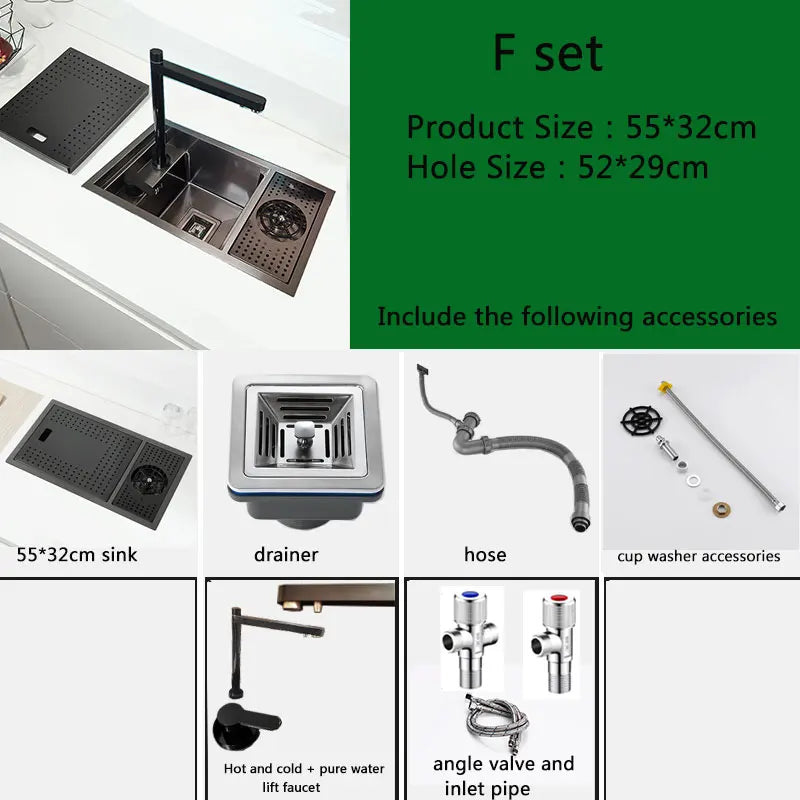 Black Stainless Steel Kitchen Sink 55x32cm Single Bowl Bar Sink with Cup Washer Compact Balcony Sink