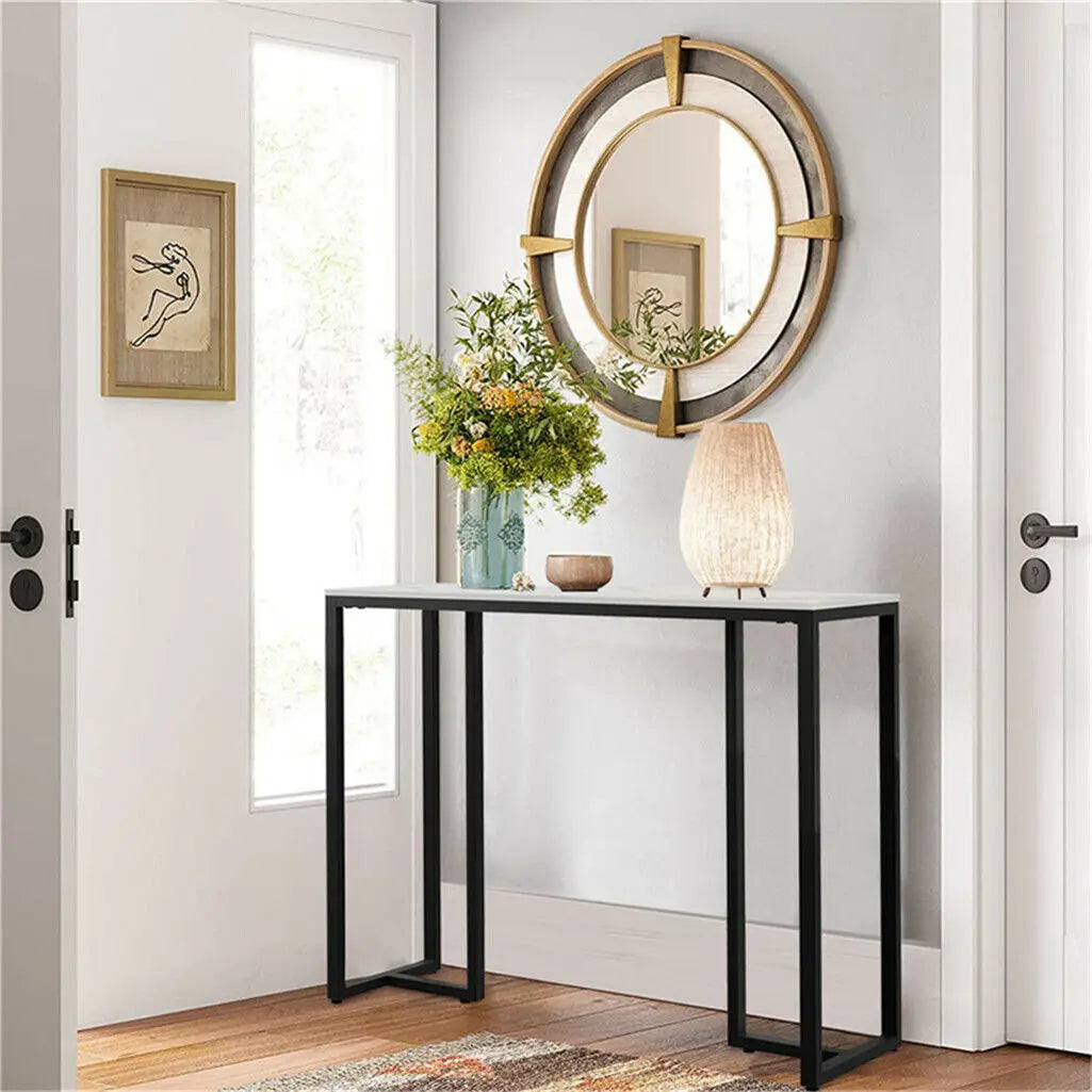 Black Metal Console Table with Storage Shelf Narrow Entryway Sofa Table for Hallway Living Room Use 100x38x78.5cm