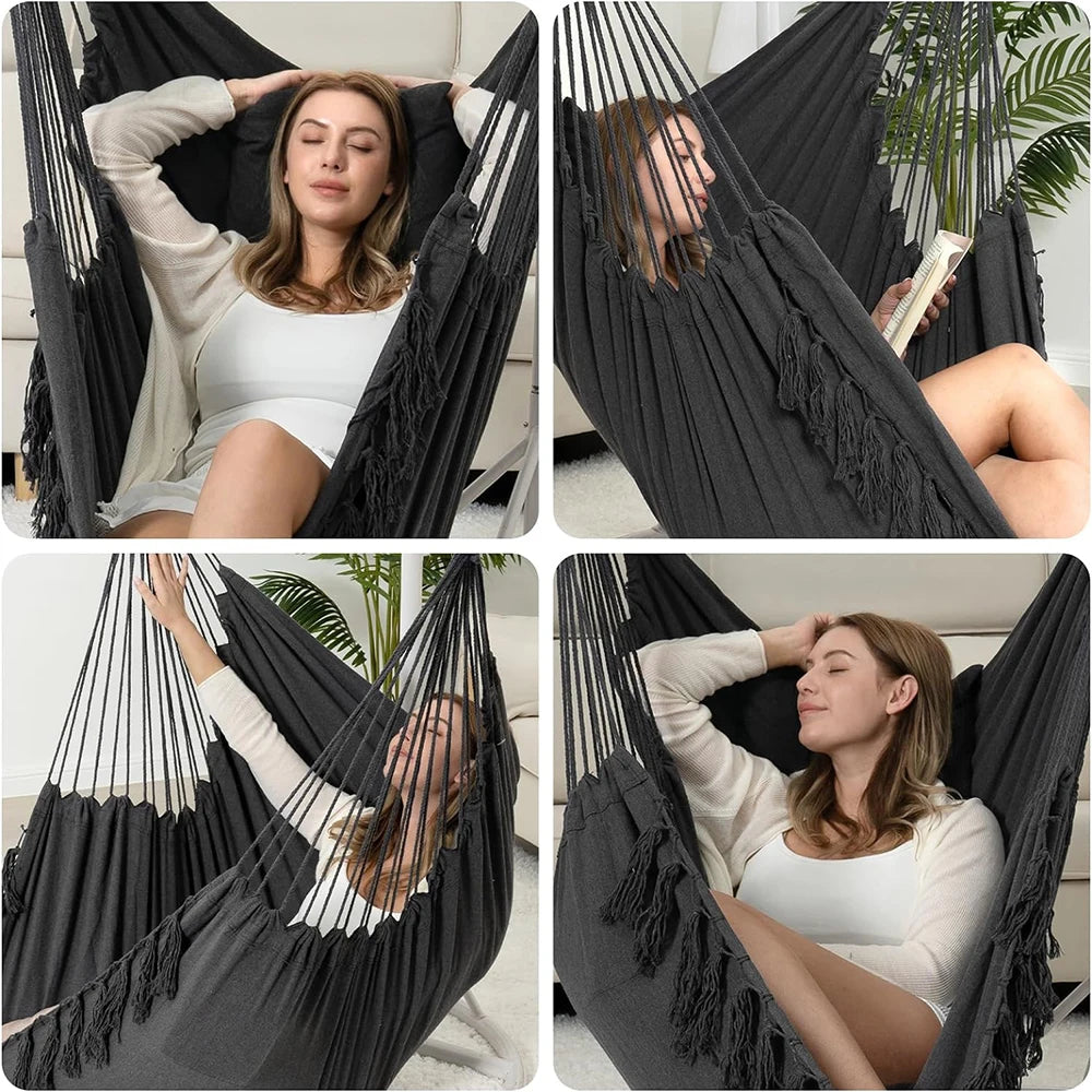 Macrame Hanging Chair Black Cotton Rope Swing with 2 Pillows 226.8 kg Capacity Indoor/Outdoor