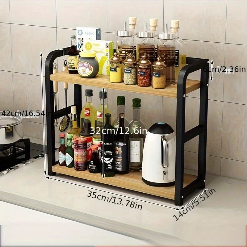 2 Tier Metal Countertop Shelf Kitchen Organizer Coffee Mug Condiment Storage Rack Rustproof Space Saving Walnut 35 × 14 × 42cm