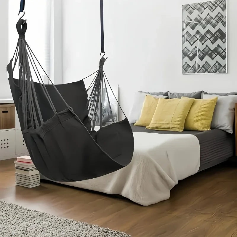 Hammock Chair Outdoor Swing Seat Portable Fabric Hanging Chair with Storage Bag Anti Rollover Design Black 130x100cm