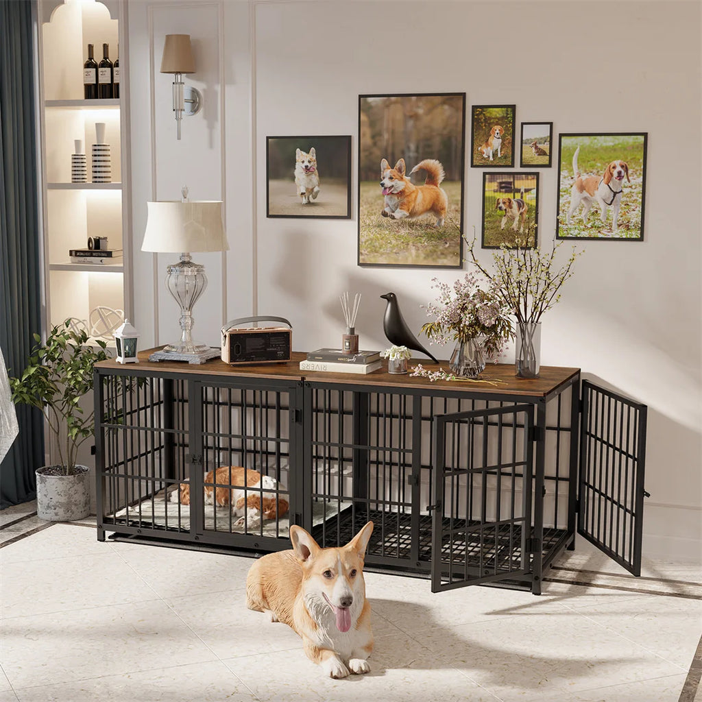 Dog Crate Furniture Style Pet Kennel Wooden End Table with 3 Doors Removable Tray Indoor Cage for Medium Dogs Black 91.5x63.5x74.5cm
