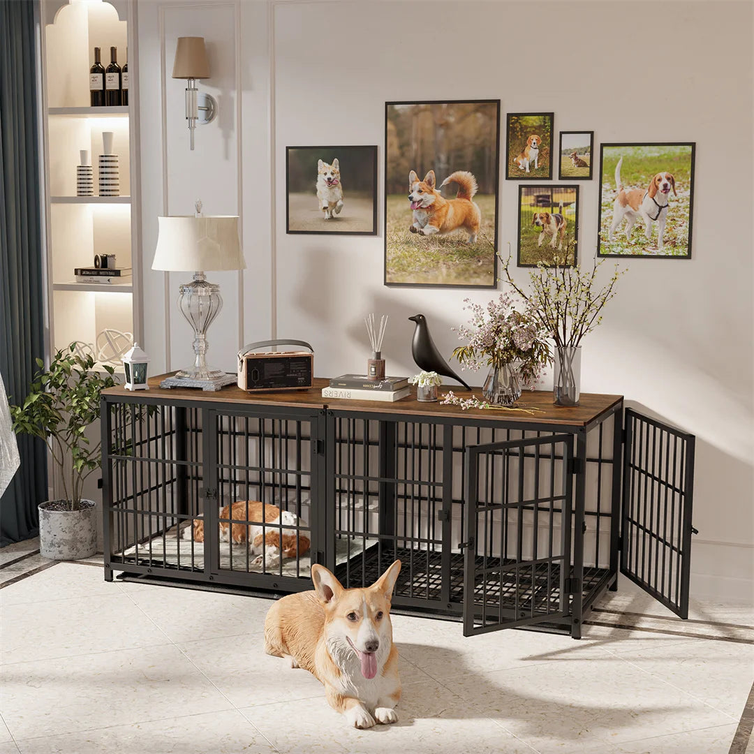 Dog Crate Furniture Style Pet Kennel Wooden End Table with 3 Doors Removable Tray Indoor Cage for Medium Dogs Black 91.5x63.5x74.5cm