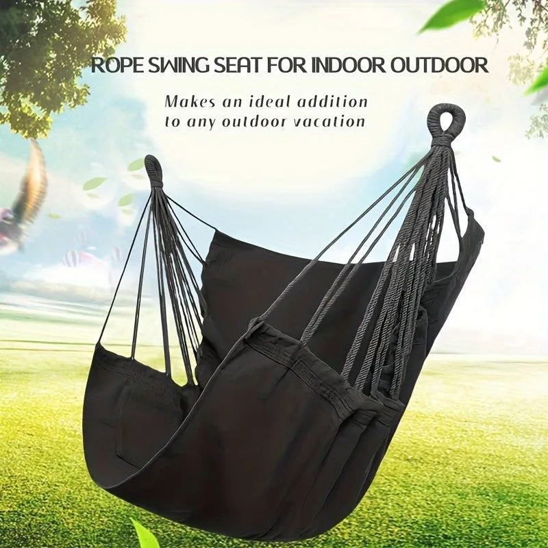 Hammock Chair Outdoor Swing Seat Portable Fabric Hanging Chair with Storage Bag Anti Rollover Design Black 130x100cm