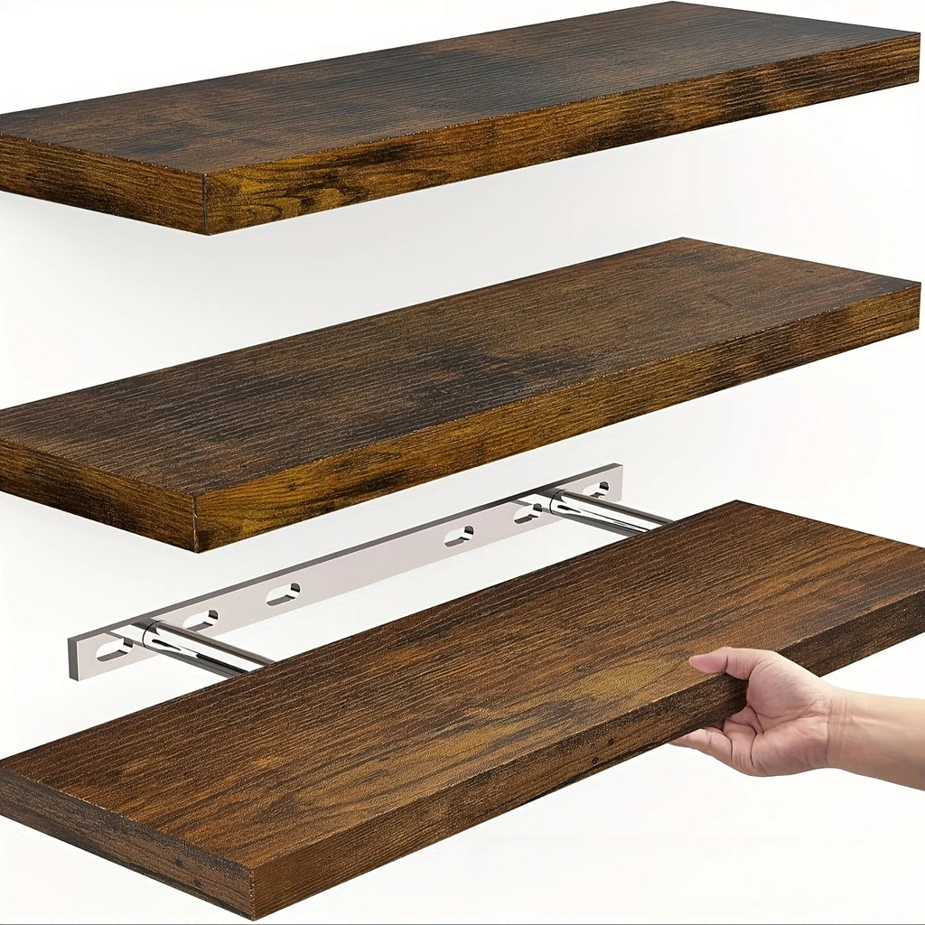 Classic Solid Wood Wall Mounted Floating Shelf Horizontal Strip Design Storage Display Rack for Living Room Bedroom Brown 40×15cm
