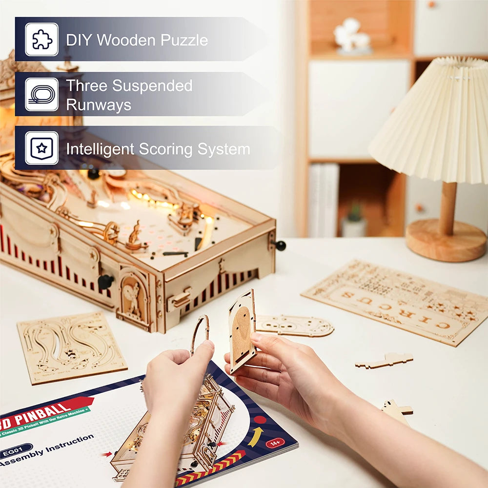 3D Wooden Pinball Puzzle DIY Vintage Style Mechanical Pinball Game EG01 27.5x47.5x28cm Family Fun