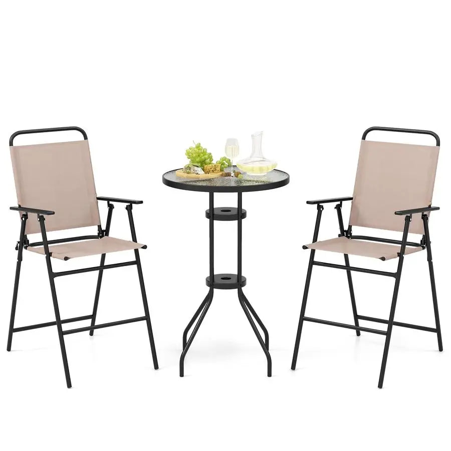 Bistro Set 3-Piece Outdoor Patio Table with 2 Folding Chairs Round Glass Table with Umbrella Hole Beige