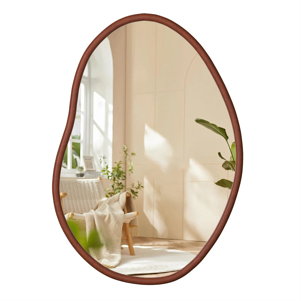 Asymmetrical Wall Mirror 56x82cm Wood Frame Irregular Mid Century Dressing Mirror Brown