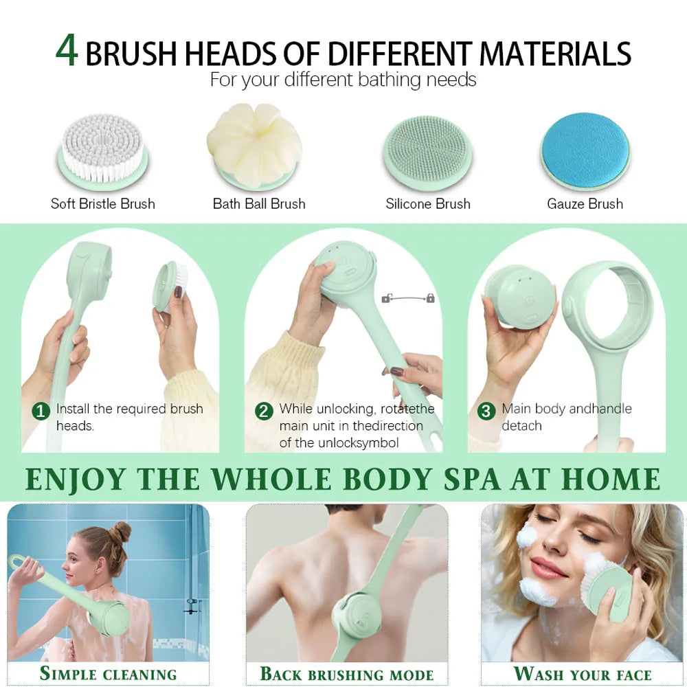 Electric Body Brush Shower Back Scrubber Type C Rechargeable Long Handle Bath Brush 4 Replaceable Heads Hook Green