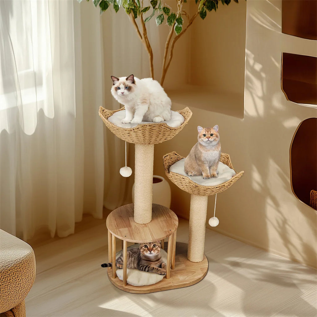 3 Tier Cat Climbing Tree 60x40x99cm Indoor Activity Tower with Scratching Post Wood White Cat Furniture