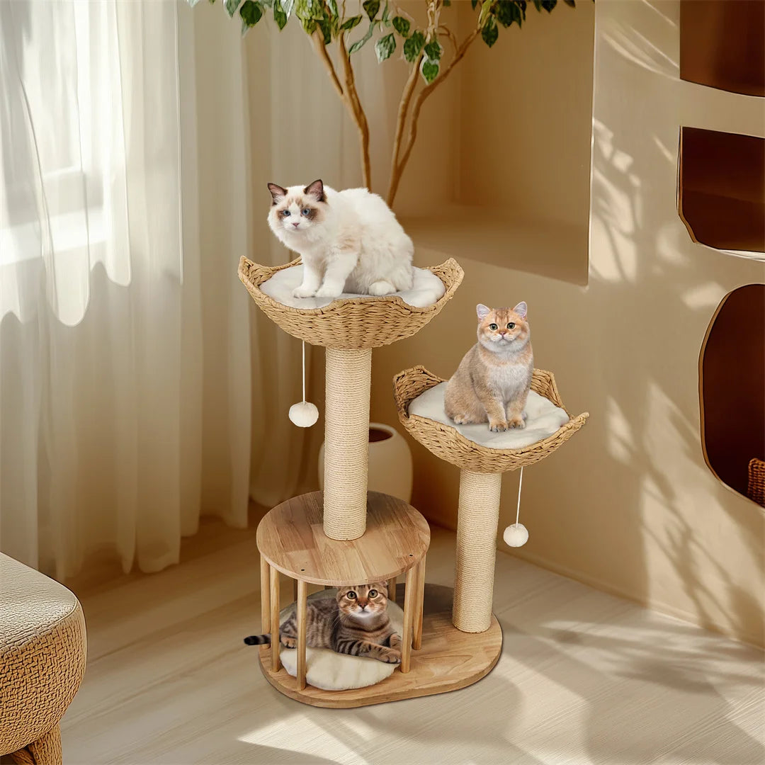 3 Tier Cat Climbing Tree 60x40x99cm Indoor Activity Tower with Scratching Post Wood White Cat Furniture