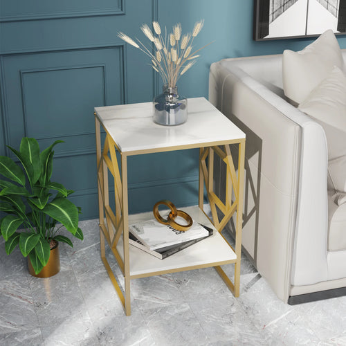 2 Tier Square Coffee Side Table 40x40x58cm Sintered Stone Top Metal Frame Gold White Living Room End Table