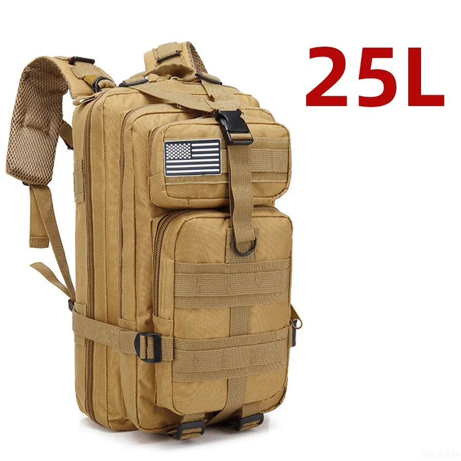 25L Waterproof Tactical Outdoor Backpack Nylon Hiking Camping Trekking Sports Fishing Hunting Rucksack Khaki 25 × 23 × 38cm